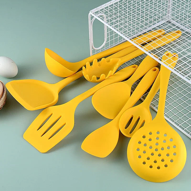Afralia™ Yellow Silicone Kitchen Utensils Set - Non Stick, Heat Resistant Cooking Tools