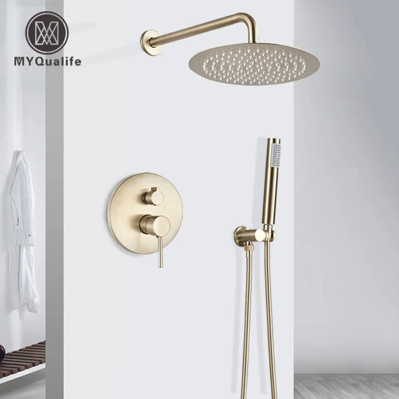 Afralia™ Brushed Gold Shower Faucet Set: Wall Mount Rotate Tub Spout, Rainfall Head Mixer Tap