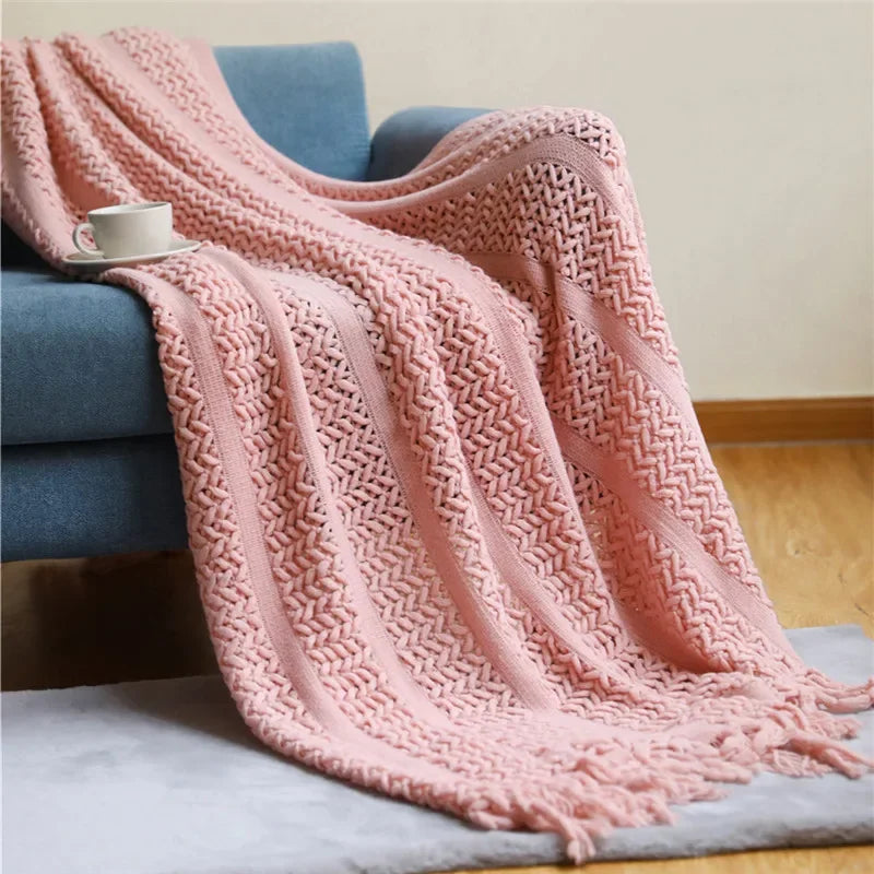 Afralia™ Nordic Knitted Sofa Blanket with Tassels - Solid Color Siesta Shawl Blanket