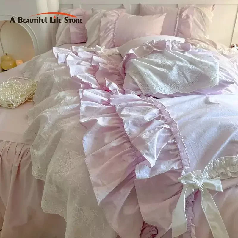 Afralia™ Korean Lace Ruffles Cotton Bedding Set - Sweet Girl Design