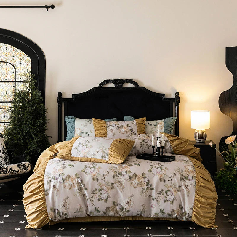 Afralia™ Vintage Rose Print Ruffles Bedding Set: 800TC Egyptian Cotton, Duvet Cover, Sheet, Pillowcases