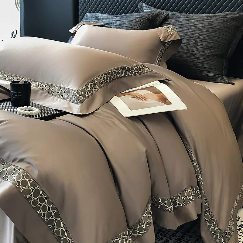 Afralia™ Brown Lace Embroidery Bedding Set, 4Pcs, 1200TC Egyptian Cotton