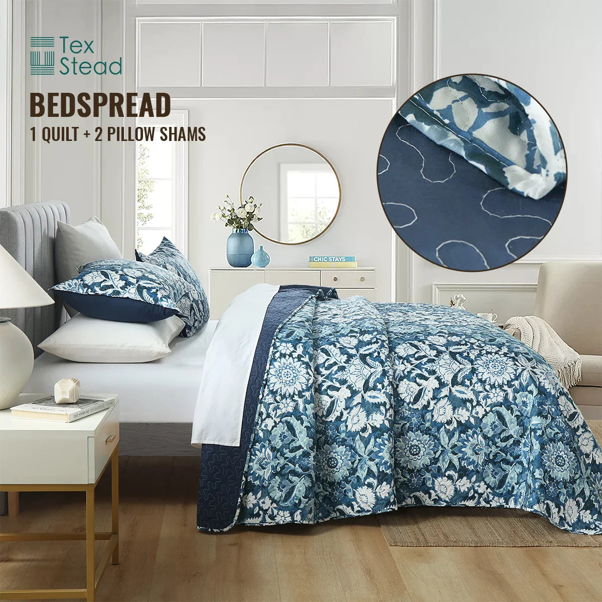 Afralia™ Blue Floral Quilted Bedding Set - Farmhouse Style All Seasons - 3 Piece