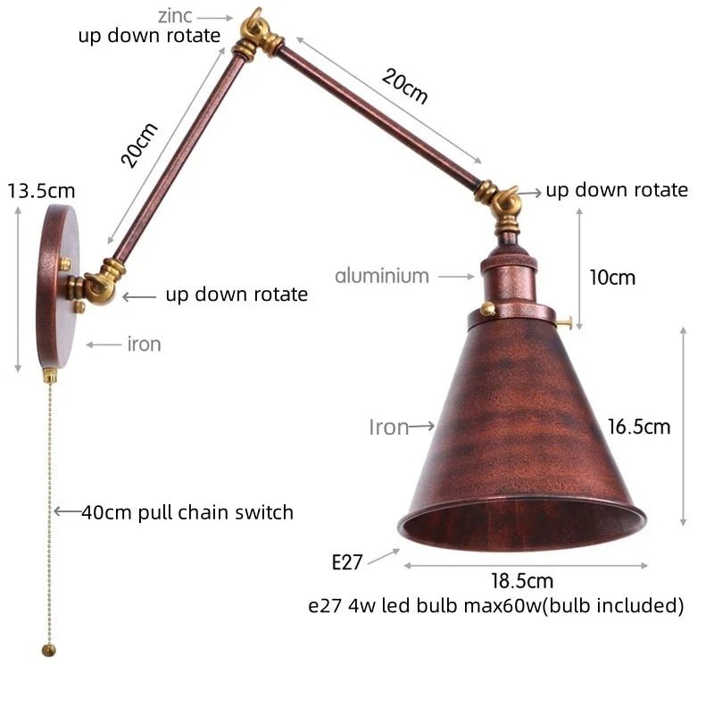 Afralia™ Silver Iron LED Swing Arm Wall Lights, Industrial Style, Plug-In, Stair & Bedside Lamp