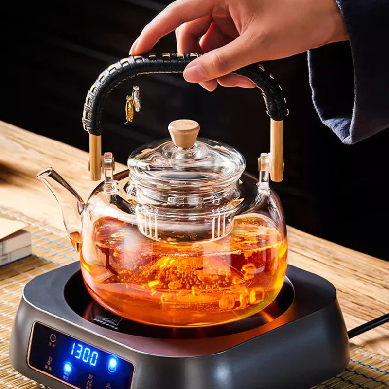 Afralia™ Glass Tea Pot With Weave Handle Heat-resistant Glass Teapot Transparent Steaming Tea Kettle