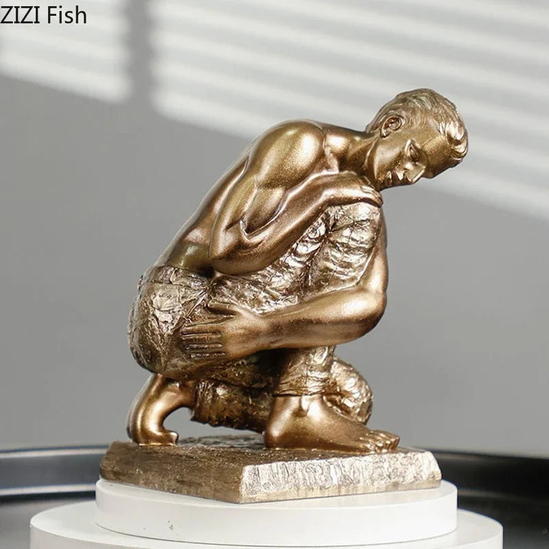 Afralia™ Golden Thinker Bodybuilder Resin Sculpture for Desk Decor and Room Aesthetics