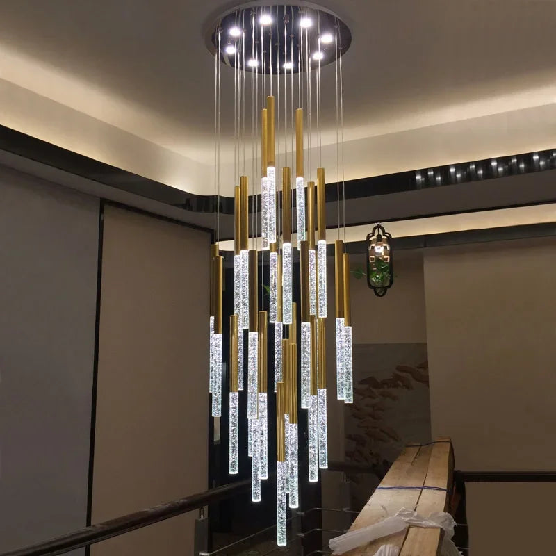 Afralia™ Modern Gold Crystal LED Staircase Chandelier for Large Hallway Lobby Loft