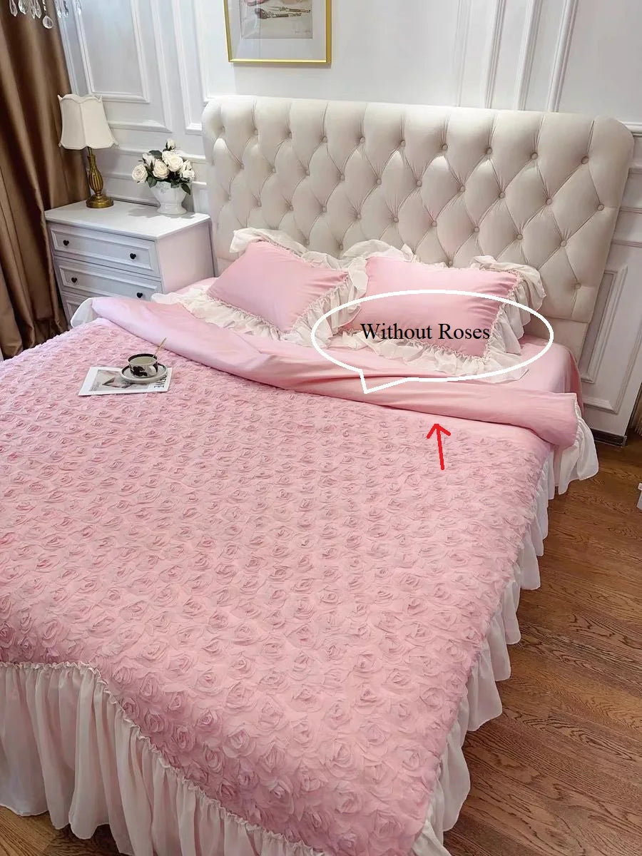 Afralia™ Pink Rose Flowers Lace Ruffles Bedding Set, Duvet Cover, Sheet, Pillowcases