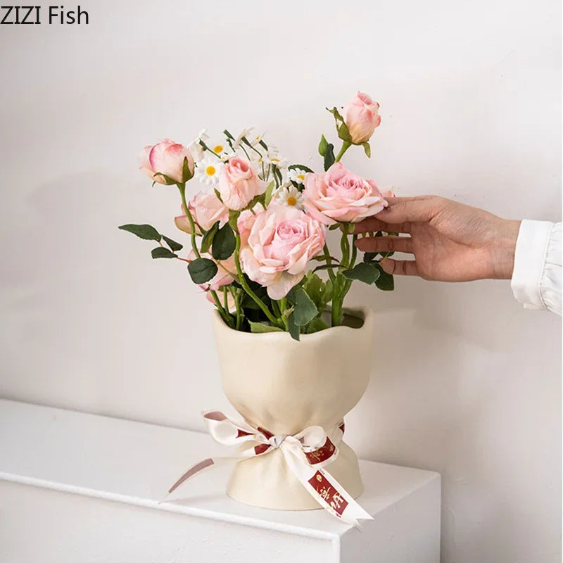 Afralia™ Lovely Ribbon Ceramic Vase Set for Cute Room Aesthetic Decor