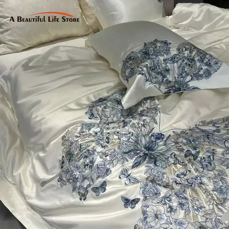 Afralia™ Butterfly Flowers Embroidery Luxury Bedding Set 4Pcs