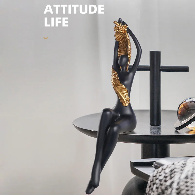 Afralia™ Large Nude Feathered Body Sculpture | Modern Abstract Sitting Figurine Statues