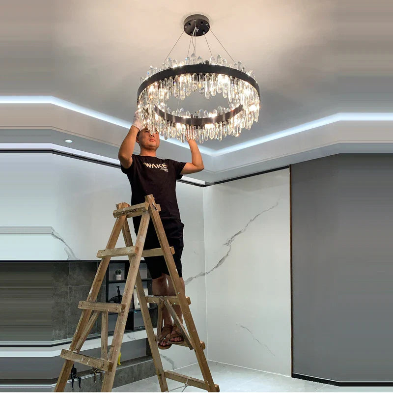 Afralia™ Black/Gold Crystal Chandelier | Modern Oval Round LED Ceiling Light