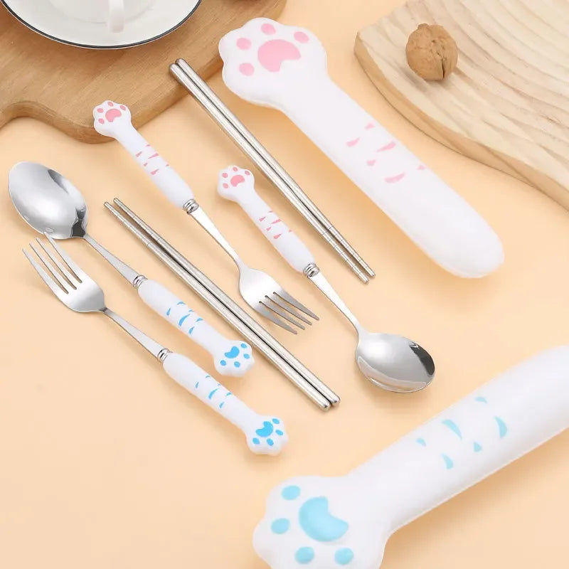 Afralia™ Kawaii Cat Claw Cutlery Set for Kids - Portable Outdoor Tableware Kit