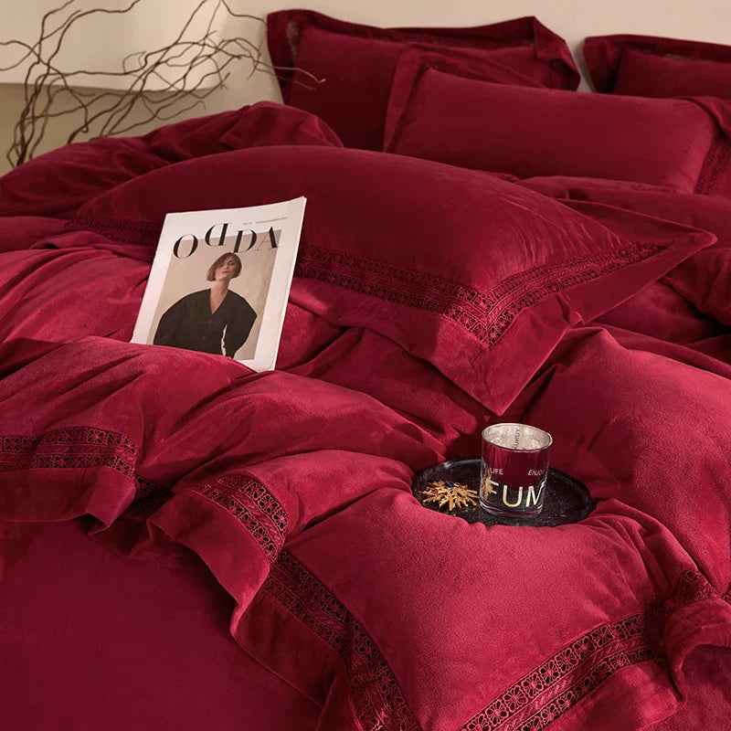 Afralia™ Cozy Velvet Lace Bedding Set: Duvet Cover, Sheet, Pillowcases - 4Pcs Warm & Stylish