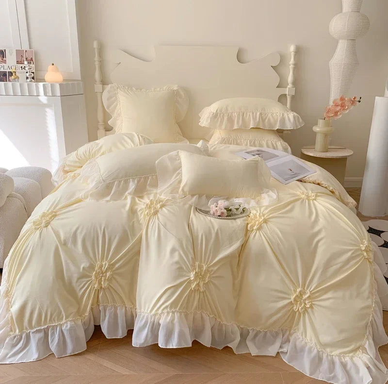 Afralia™ Lace Princess Bedding Set: Romantic Ruffles & Bow Duvet Cover, Sheet, Pillowcases