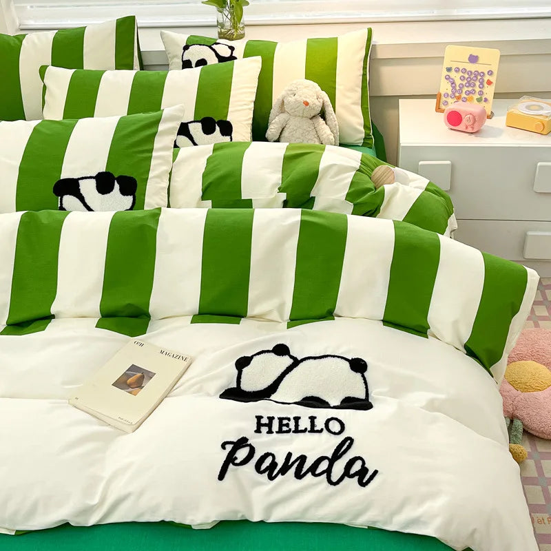 Afralia™ Cat Embroidery Stripes Bedding Set - Single Queen Size Bedclothes
