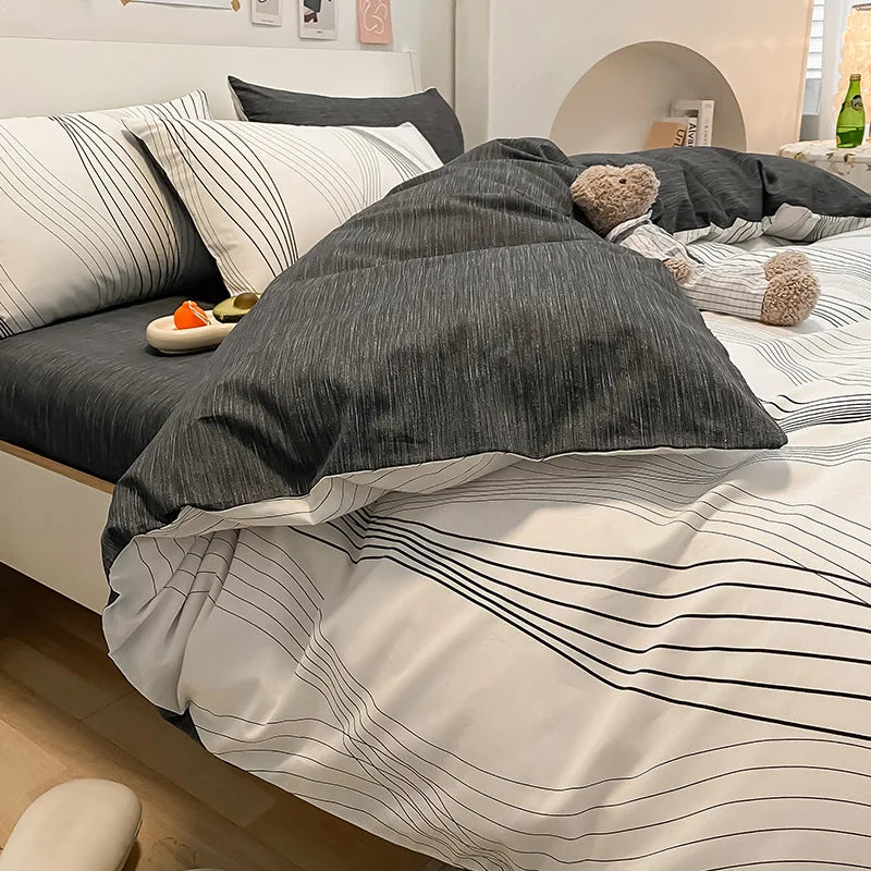 Afralia™ Pure Cotton Striped Bedding Set Duvet Cover Fitted Sheet Kit for Single/Double