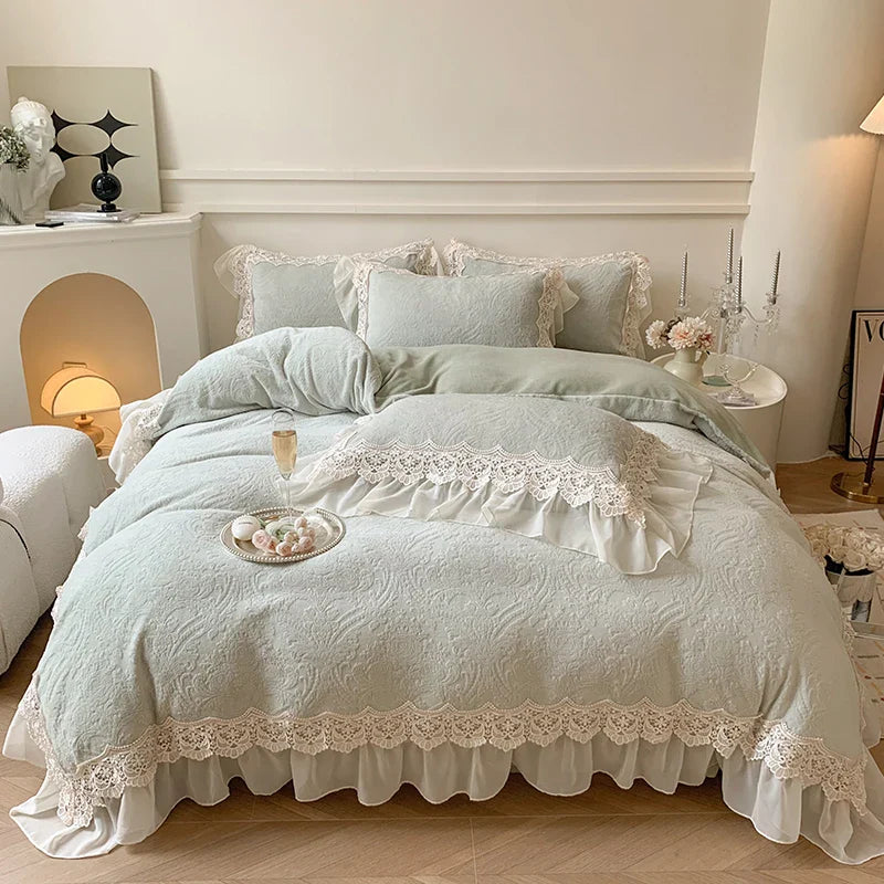 Afralia™ Luxe Velvet Lace Ruffle Duvet Set with Plush Pillowcases, Winter Bedding Collection