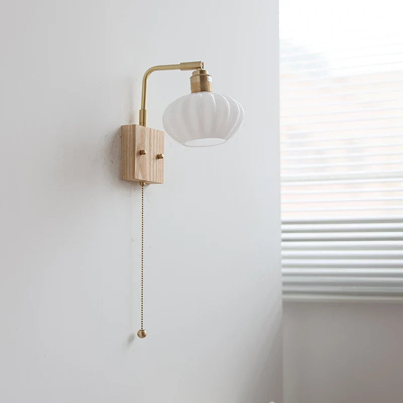 Afralia™ Ash Wood LED Wall Light Fixture with Pull Chain Switch, Modern Nordic Design