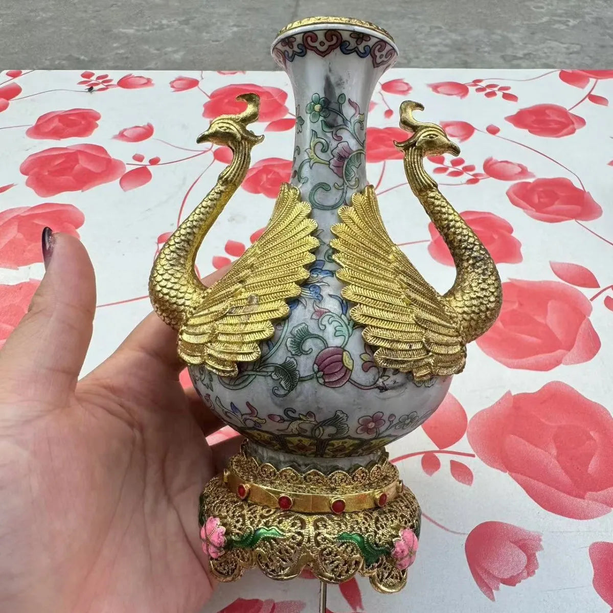 Afralia™ Qianlong Copper Inlaid Pink Flower Pattern Vase