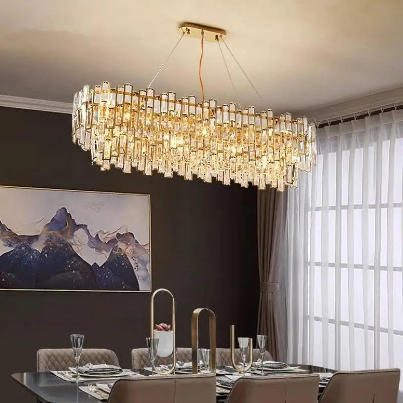 Afralia™ Gold Steel Crystal Pendant Chandelier - Luxury LED Dining Room Hanging Lamp