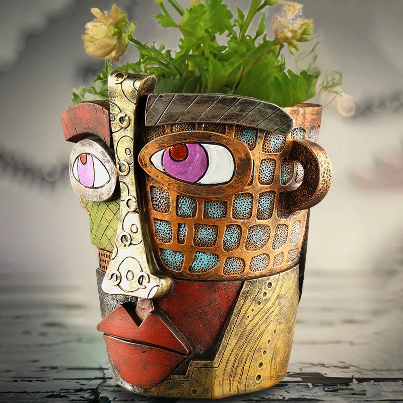 Afralia™ Retro Abstract Art Flower Pot Resin Ornament Vase Planter Container