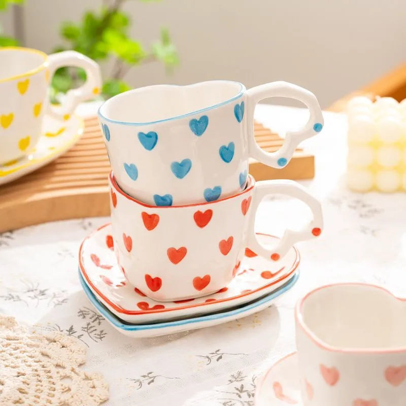 Afralia™ 250ml Coffee Cup and Saucer Set with Heart Handle Hand-painted Pink Hearts