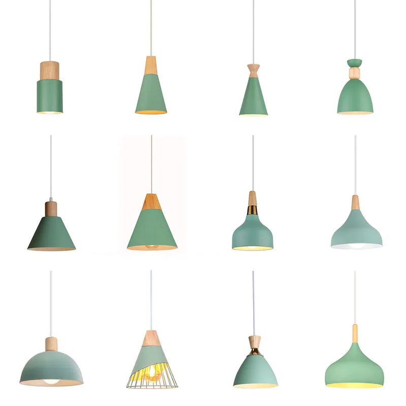 Afralia™ Nordic Green Wood Metal Pendant Lamp for Bedroom Living Dining Room Lighting