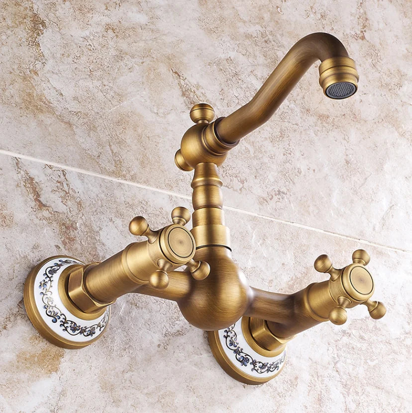 Afralia™ Brass Ceramic Wall Mount Faucet for Bathroom Washbasin - Double Handle Cold Hot Water