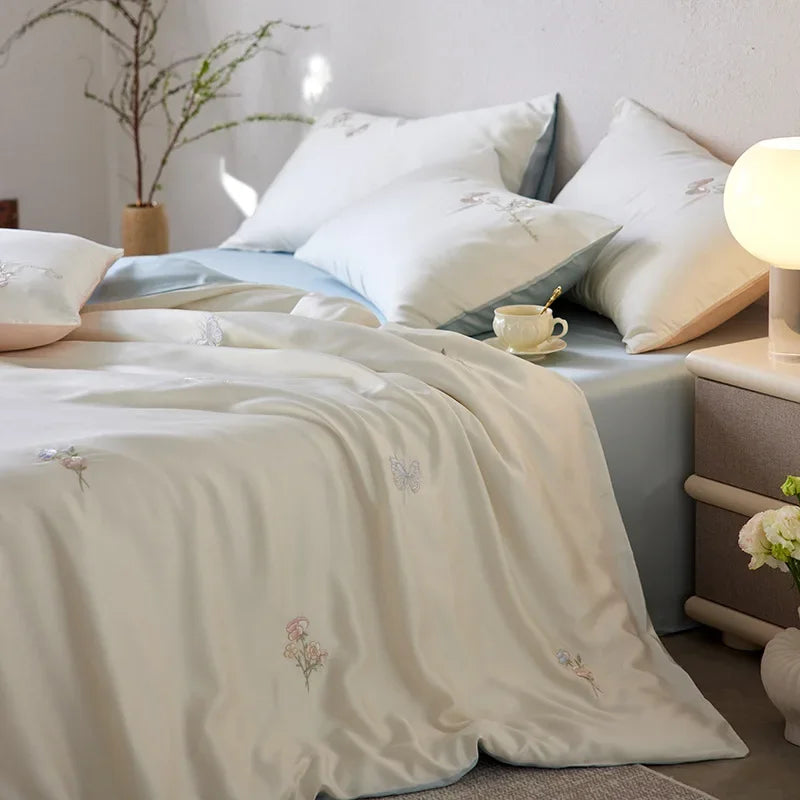 Afralia™ Cartoon Embroidery Comforter Set with Silky Cooling Touch Fitted Sheet - Luxury Rayon Bedding Set