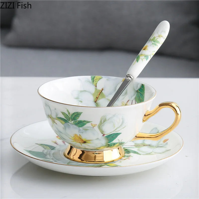 Afralia™ Green Flowers Ceramic Cup & Saucer Set for Coffee, Tea, Juice, and More