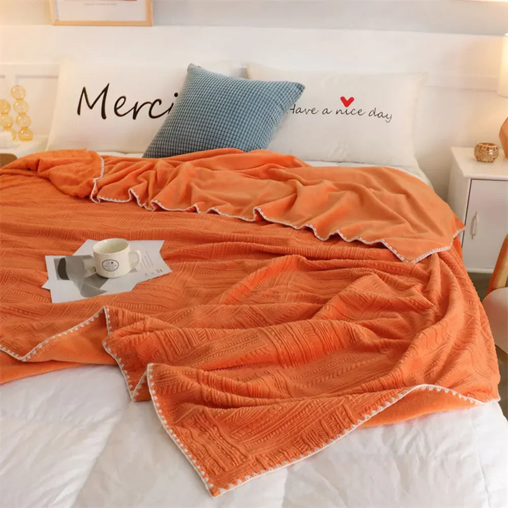 Afralia™ Orange Solid 3D Soft Print Flannel Coral Fleece Double-side Blanket