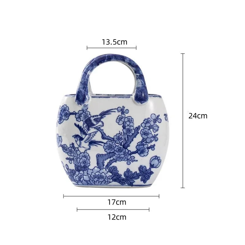 Afralia™ Ceramic Vase Handbag: Blue & White Porcelain Flower Vase Art Craft, Chinese-style Decor