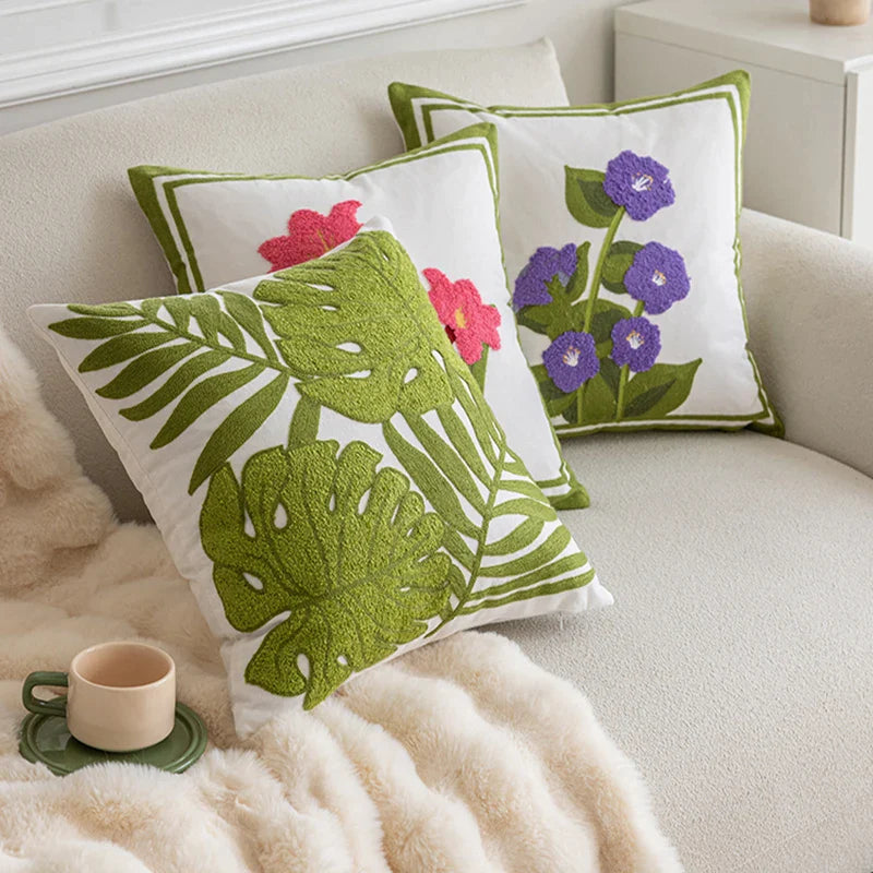 Afralia™ Floral Embroidery Canvas Cushion Cover 45*45 - Decorative Throw Pillow Cover