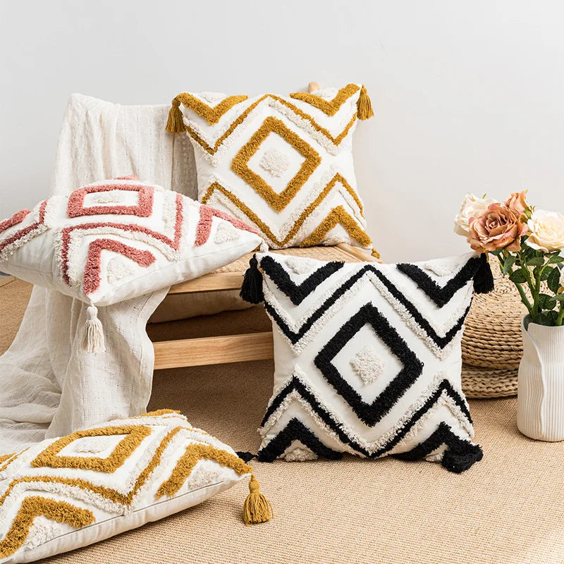 Afralia™ Geometric Embroidery Boho Cushion Cover Sofa Decorative Pillowcase Canvas Cotton