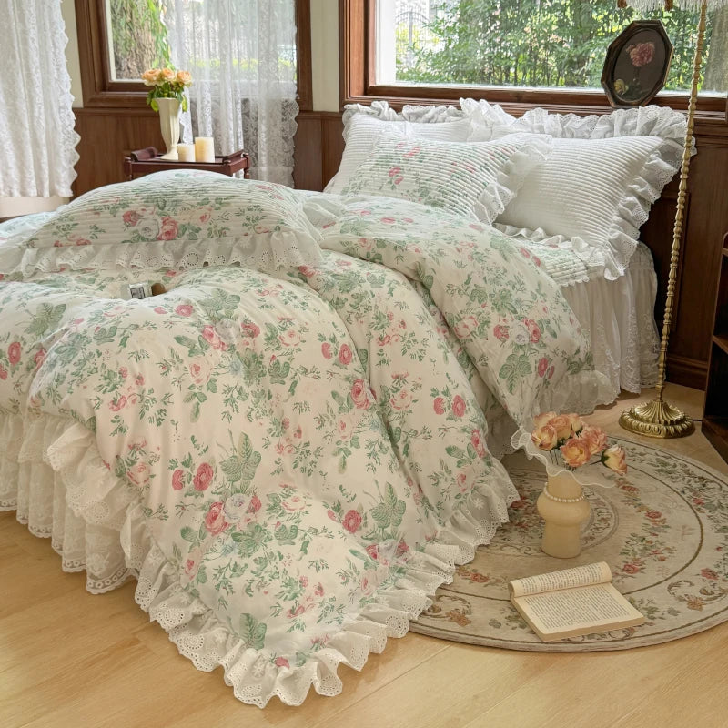 Afralia™ Floral Print Cotton Princess Bedding Set with Vintage Lace Details