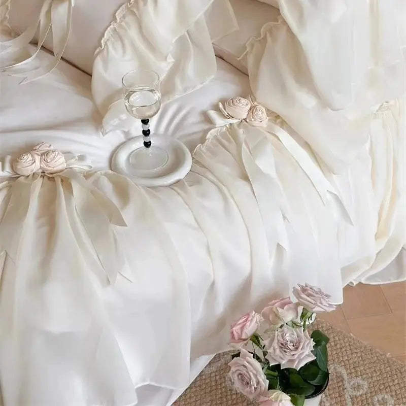 Afralia™ Romantic Rose Lace Ruffles Princess Wedding Bedding Set - 1200TC Egyptian Cotton