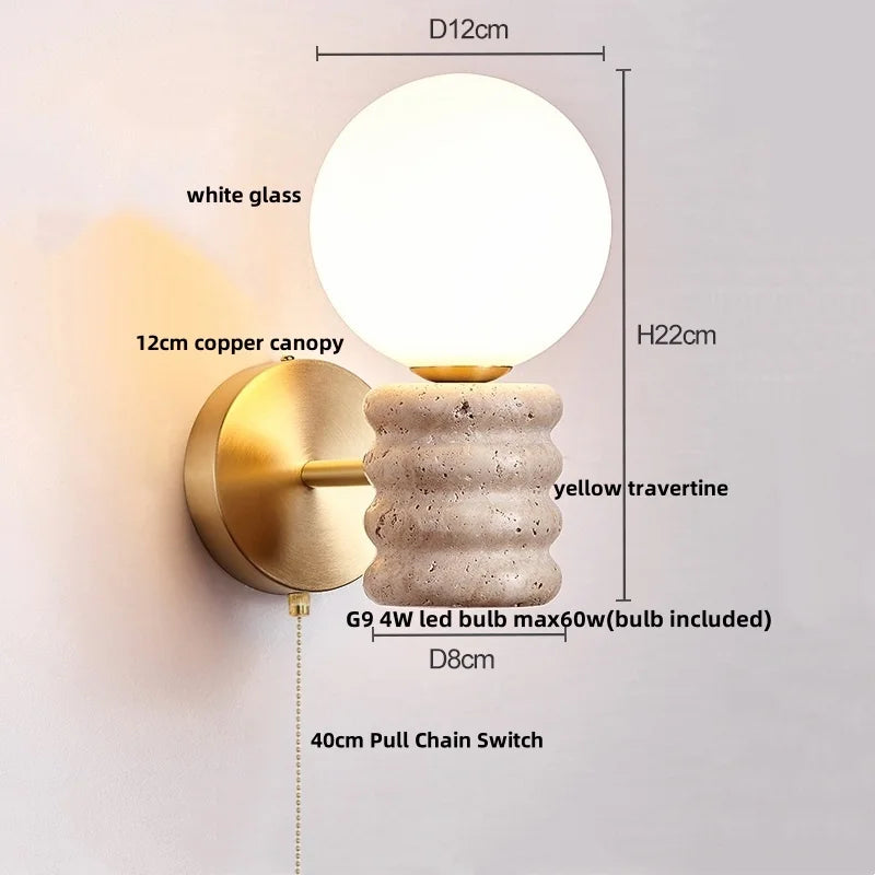 Afralia™ LED Wall Light Fixture Travertine Stone Wood Canopy Bedside Lamp