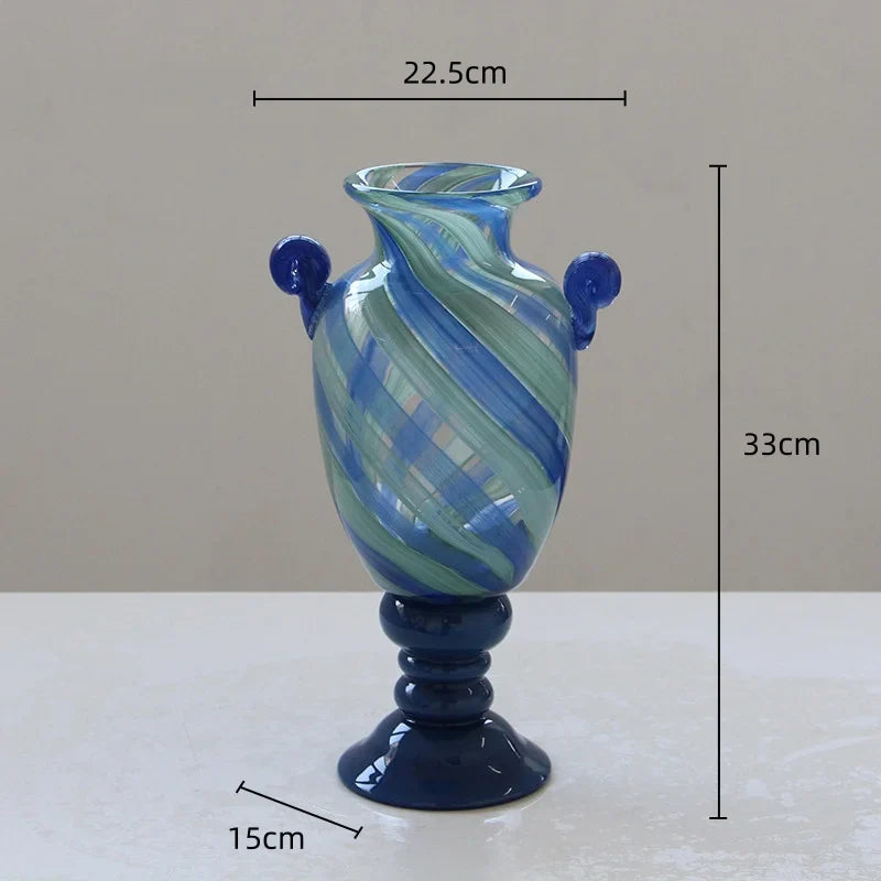 Afralia™ Blue Striped Transparent Glass Vase - Tall Bottle Flower Pot Bouquet Holder