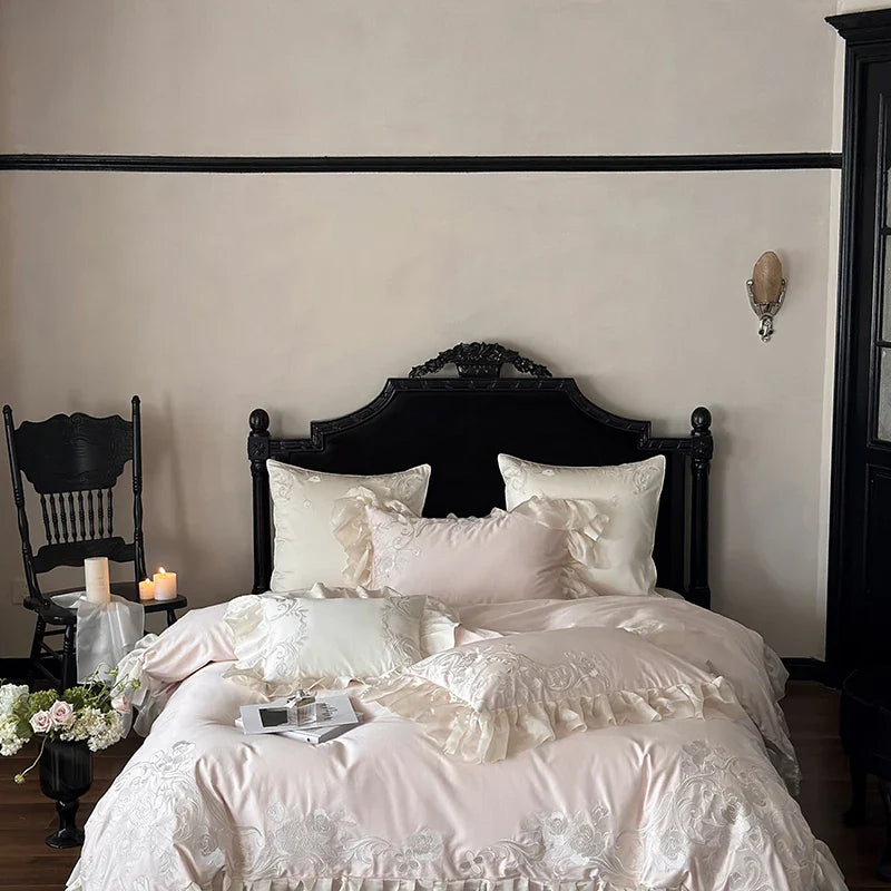 Afralia™ Pink Flowers Embroidery Bedding Set | 1000TC Egyptian Cotton Duvet Cover, Sheet Set