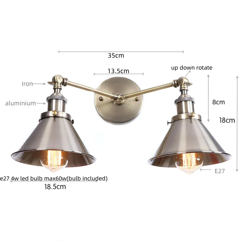 Afralia™ Loft Iron LED Wall Lamp 2 Heads Living Room Vintage Industrial Style Light