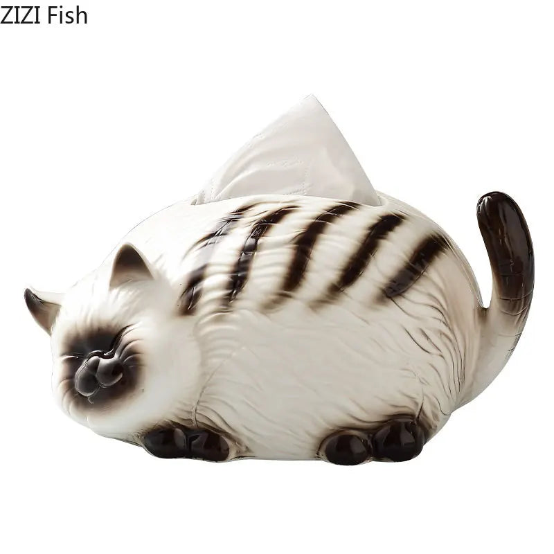 Afralia™ Siamese Kitten Ceramic Tissue Box - Creative Desk Decoration