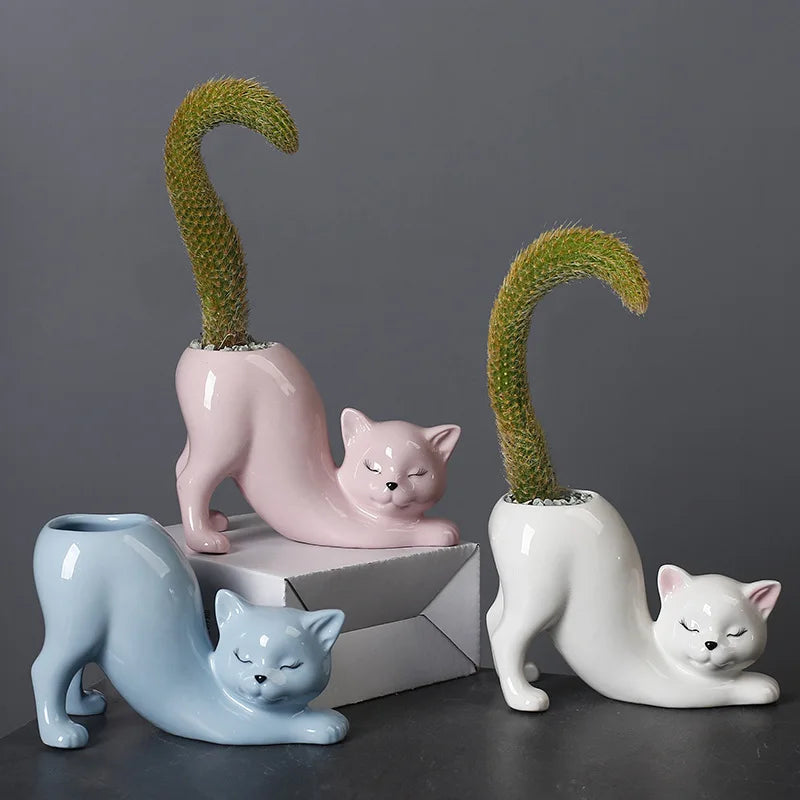 Afralia™ Cat Tail Succulent Planting Porcelain Vase - Cute Cartoon Cat Flowerpot