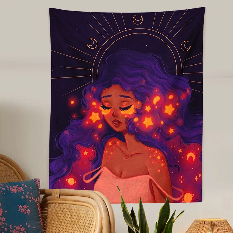 Afralia™ Moonlit Girl Tapestry: Luminous Sky Boho Wall Decor