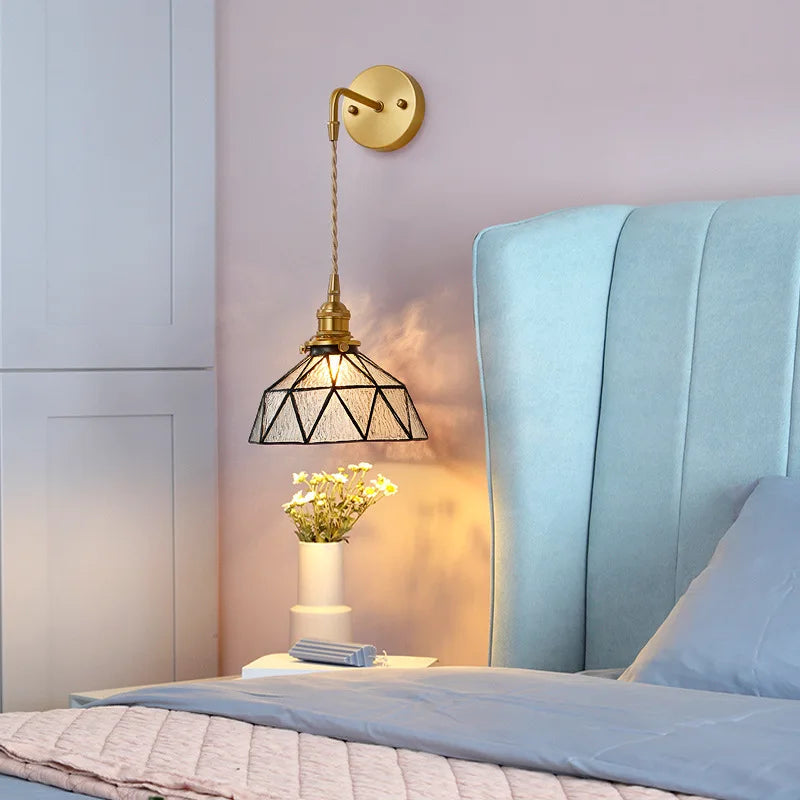 Afralia™ Tiffany Glass LED Wall Lamp Pull Chain Switch Vintage Copper Wall Lights
