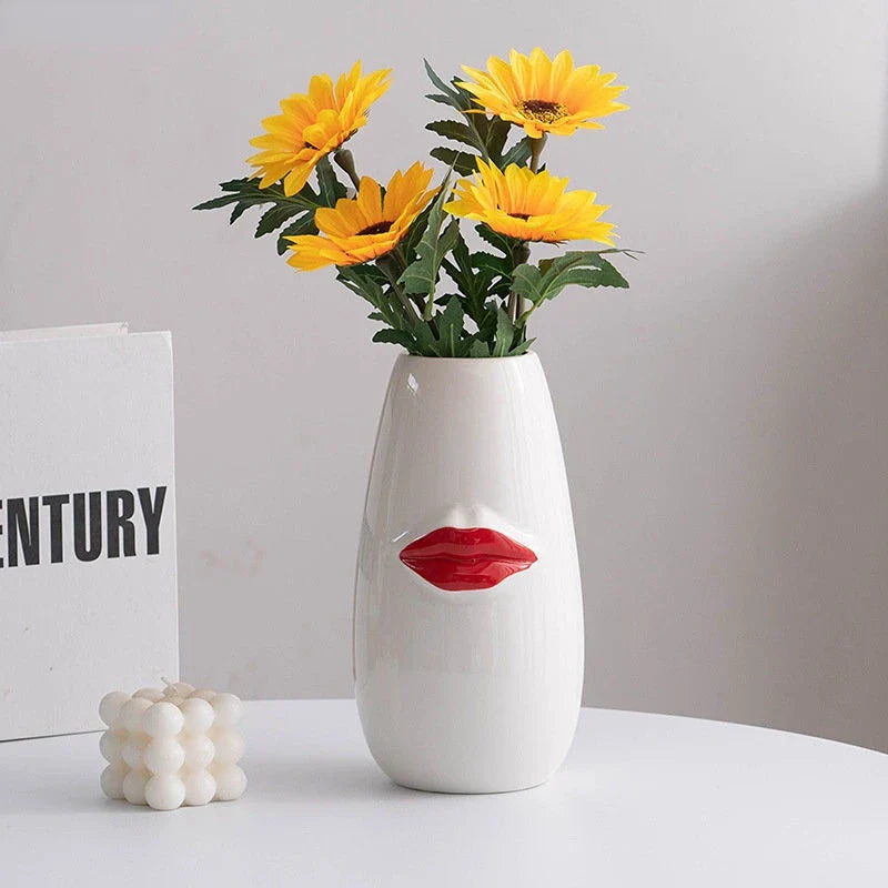 Afralia™ Red Lips Porcelain Vase: Minimalist Desk Decoration for Flower Arrangement