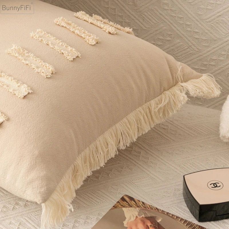 Afralia™ Tassel Accent Pillow Cover - Beige Cotton Linen for Home Sofa Living Room