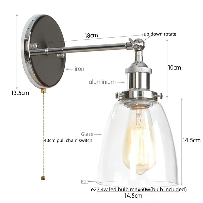 Afralia™ LED Wall Light Fixture Pull Chain Switch Industrial Vintage Bedroom Lamp