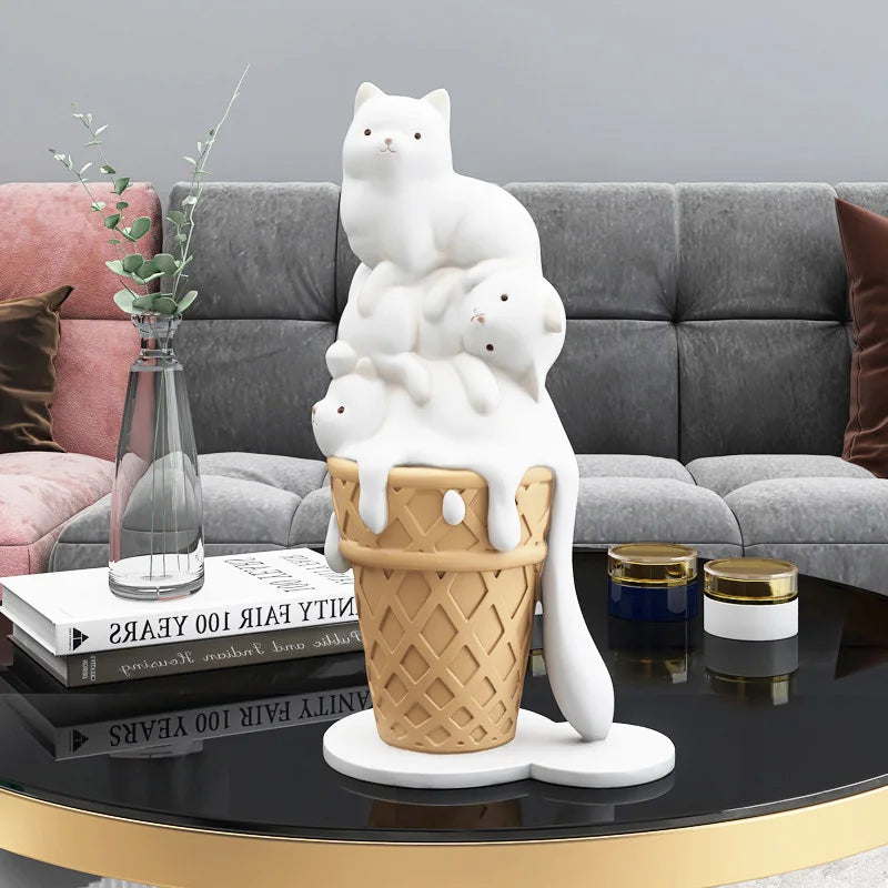 Afralia™ Ice Cream Cat Sculpture Resin Figurine Modern Home Decor Creative Animal Figure
