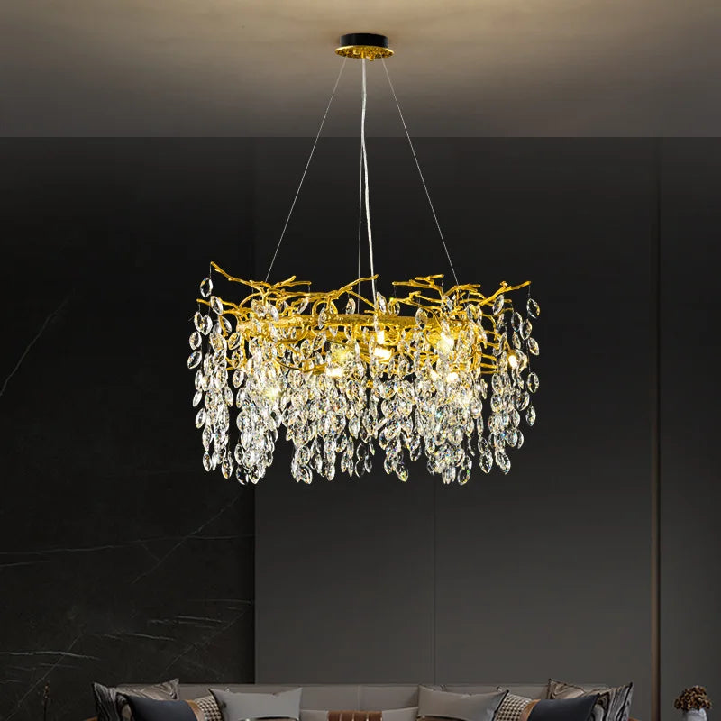 Afralia™ Golden Crystal Tree Chandelier, Luxury Matte Aluminum Art Ceiling Light for Living Room